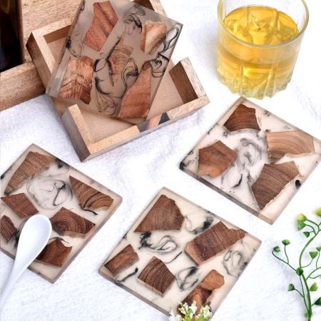 Handmade Clear Epoxy Resin and Cedar Wood Set of 4 Decorative Table Coasters with Cover